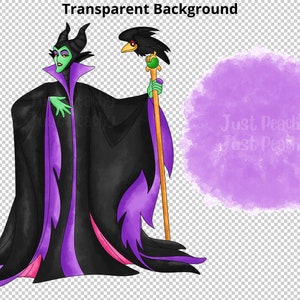 May include: A cartoon illustration of Maleficent, the villain from Disney's Sleeping Beauty, with her signature purple and black gown, horns, and staff topped with a raven. The background is a purple watercolor wash.