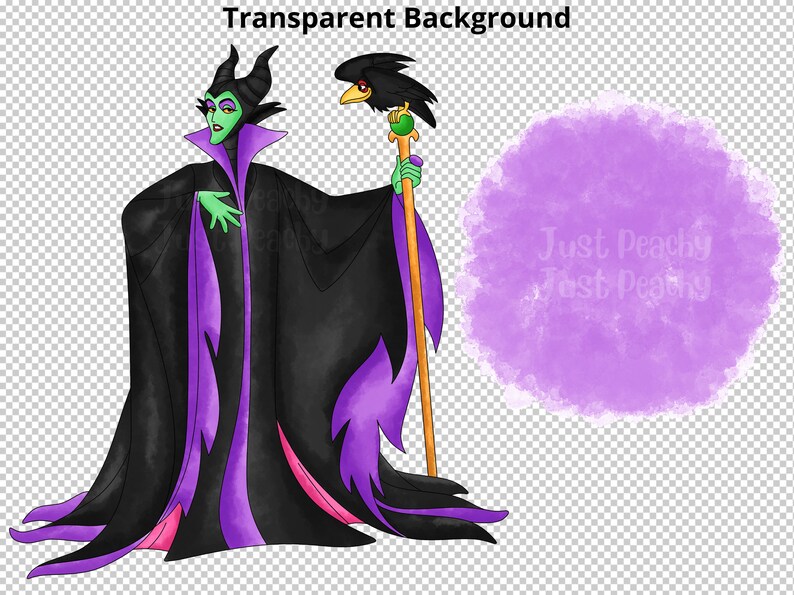 May include: A cartoon illustration of Maleficent, the villain from Disney's Sleeping Beauty, with her signature purple and black gown, horns, and staff topped with a raven. The background is a purple watercolor wash.
