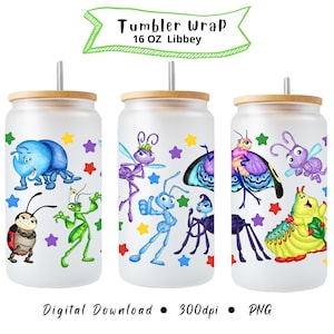 May include: Three frosted glass tumblers with bamboo lids and straws. Each tumbler features a different cartoon insect design with colourful stars. The text "Tumbler Wrap 16 OZ Libbey" is at the top. The words "Digital Download 300dpi PNG" are at the bottom.