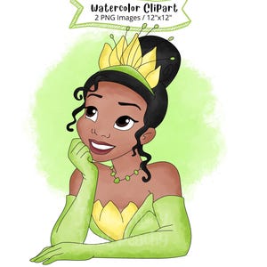 Clipart aquarelle de la princesse Tiana, la princesse et la grenouille, dessinés à la main, dessin animé mignon, illustration, PNG, transparent, 300 ppp, haute résolution