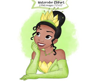 Princess Tiana Watercolor Clipart, Princess and the Frog, Hand Drawn, Cute Cartoon, Illustration, PNG, Transparent, 300 DPI, High Resolution