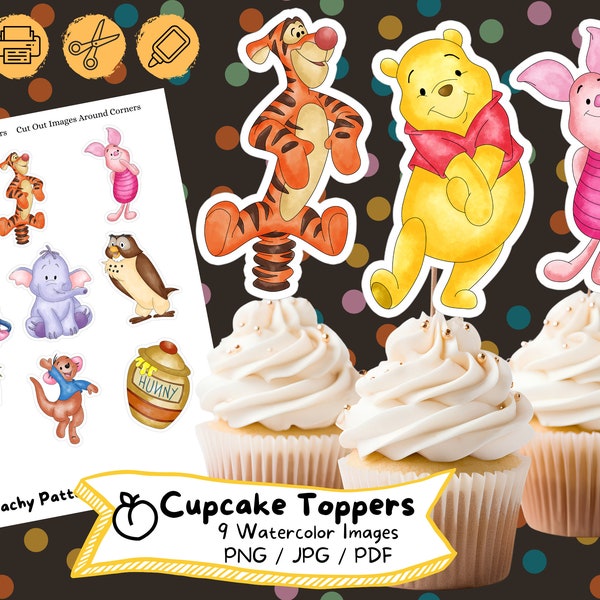 Winnie the Pooh Watercolor Cupcake Topper, Digital Download, Birthday Party, Cake Topper, Birthday Decoration, Printable File, Kids Party