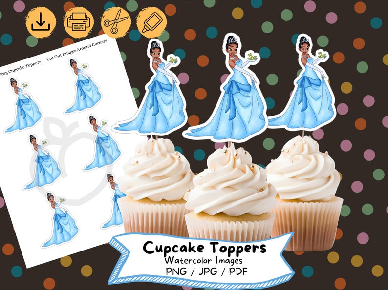 Princess and the Frog Cupcake Toppers, Tiana Watercolor Design, Digital ...