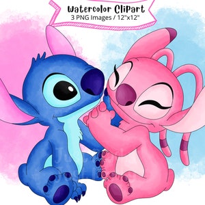 Stitch and Angel Watercolor Clipart Set, Cute Cartoon, PNG, Transparent Background, High Resolution, Lilo and Stitch, Hand Drawn, Valentines