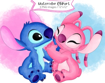 Stitch and Angel Watercolor Clipart Set: Cartoon PNG (Digital Download)