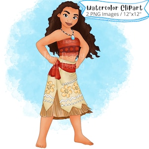 Princesa Moana acuarela clipart, dibujado a mano, dibujos animados lindo, ilustración, PNG, transparente, 300 DPI, alta resolución, alta resolución