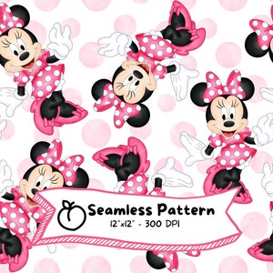 Modèle sans couture Minnie Mouse, Aquarelle, Dessin animé mignon, Haute résolution, Téléchargement numérique, Dessiné à la main, Papier numérique, Usage commercial