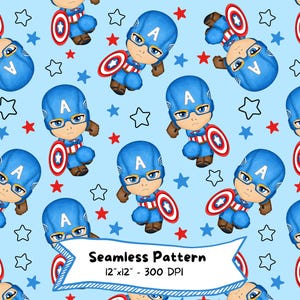 Op de afbeelding: Naadloos patroon met stripfiguur Captain America in blauw, rood en wit, met sterren op een lichtblauwe achtergrond. De figuren houden schilden vast en dragen helmen met de letter "A". De tekst luidt "Seamless Pattern 12"x12" - 300 DPI".