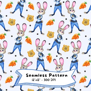 Puede incluir: Patrón sin costuras con el personaje Judy Hopps de Zootopia con uniforme de policía, zanahorias y insignias de policía sobre un fondo azul claro. El diseño incluye el texto "Seamless Pattern 12"x12" - 300 DPI".