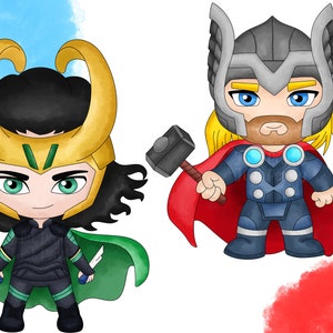 May include: A cartoon illustration of two characters from the Marvel universe. The character on the left is Loki, wearing a green and gold costume with a horned helmet. The character on the right is Thor, wearing a red cape and a blue and silver costume with a horned helmet.