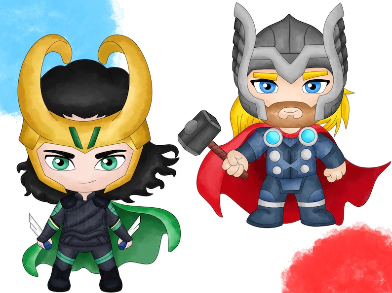 May include: A cartoon illustration of two characters from the Marvel universe. The character on the left is Loki, wearing a green and gold costume with a horned helmet. The character on the right is Thor, wearing a red cape and a blue and silver costume with a horned helmet.
