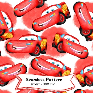 May include: A seamless pattern featuring a red cartoon race car with a smiling face and the number 95 on the side. The car is repeated on a white background with red watercolor washes.