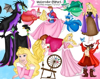 Sleeping Beauty Watercolor Clipart: Princess Aurora, Cartoon Graphics (Instant Download)