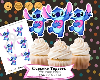 Adornos para cupcakes de acuarela de Stitch: Decoración para fiesta de cumpleaños (descarga digital)