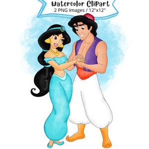 Jasmine and Aladdin Watercolor Clipart: Cartoon Illustration (Digital Download)