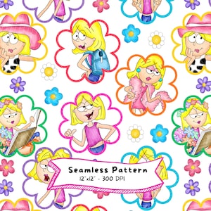 May include: A seamless pattern featuring cartoon illustrations of a blonde character in various outfits and poses, framed by colourful flower shapes on a white background. A central banner displays the text Seamless Pattern 12"x12" - 300 DPI.