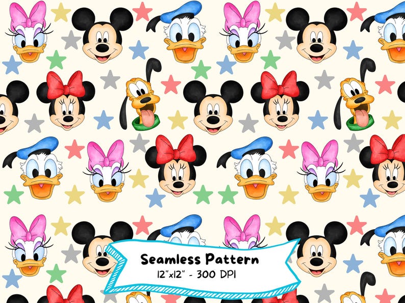 Mickey Character Pattern Mickey & Friends Seamless Pattern: Watercolor Cartoon (digital Download ...