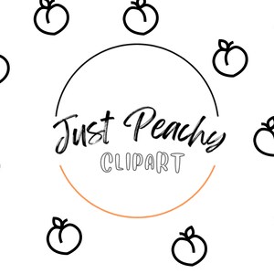 Pu&ograve; includere: Sfondo bianco con illustrazioni di pesche in arte lineare nera sparse attorno a un disegno centrale. Il disegno presenta un cerchio nero con le parole "Just Peachy" in corsivo e "CLIPART" in lettere maiuscole, con un arco arancione sotto.