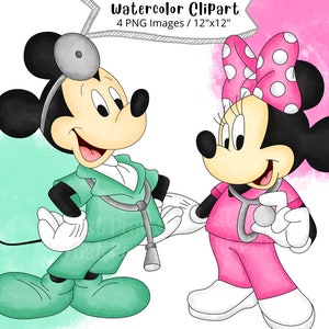 Nurse Minnie and Mickey Mouse, Hand Drawn Watercolor Clipart, Cute Cartoon, PNG, Minnie Mouse, Mickey Mouse, Doctor Minnie and Mickey Mouse