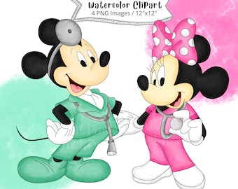 看護師ミニーとミッキーマウスの水彩クリップアート（PNG） - Etsy 日本