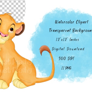 May include: A watercolor clipart image of a cartoon lion cub sitting with its tail curled around its body. The background is a light blue watercolor wash. The image is 12 inches by 12 inches and 300 DPI.