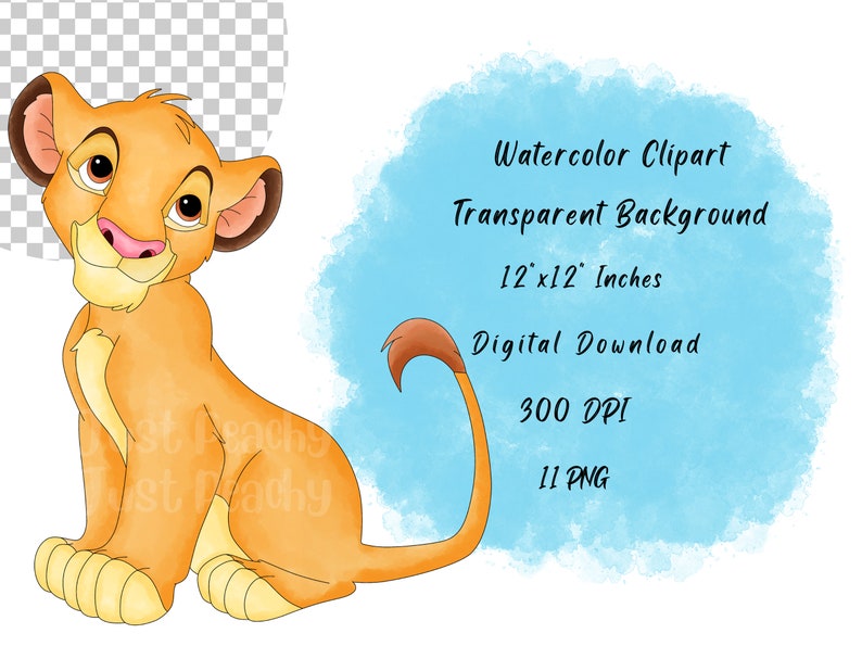 May include: A watercolor clipart image of a cartoon lion cub sitting with its tail curled around its body. The background is a light blue watercolor wash. The image is 12 inches by 12 inches and 300 DPI.