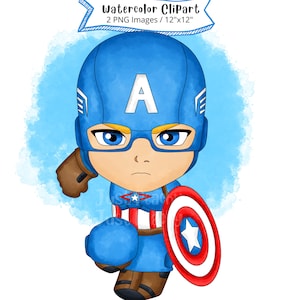 Kawaii Captain America Acquerello Clipart, PNG, Supereroe, Sfondo trasparente, Alta risoluzione, Chibi, Simpatico cartone animato, Vendicatori