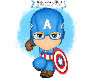 Kawaii Captain America Watercolor Clipart: Chibi Superhero PNG (Digital Download)