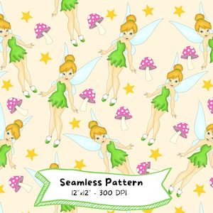 Tinkerbell Aquarell nahtlose Muster, Fee, digitaler Download, niedlicher Cartoon, hohe Auflösung, sofortiger Download, Geburtstagsparty, Kinderparty