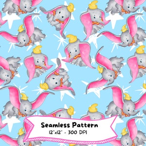 Padrão de aquarela Dumbo sem emendas, download digital, desenho animado fofo, decoração de berçário, elefante bebê, aniversário, festa infantil