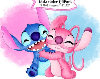 Stitch and Angel Watercolor Clipart Set: Cartoon PNG (Digital Download)