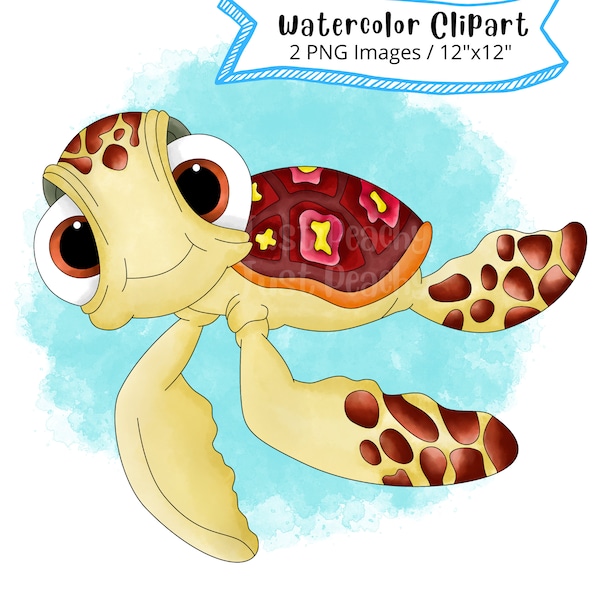 Squirt from Finding Nemo Watercolor Clipart, Cute Cartoon, Dory, Under the Sea PNG, Ocean Animals, Transparent Background, Hand Drawn