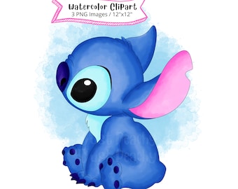 Conjunto de imágenes prediseñadas de Stitch en acuarela: Alien de dibujos animados PNG (descarga digital)
