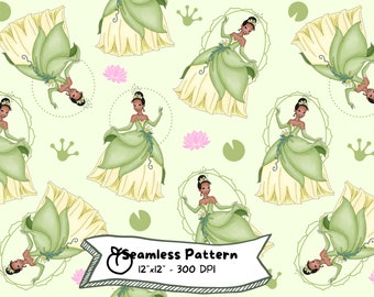 Padrão sem costura em aquarela da Princesa Tiana: Sapo de desenho animado (Download digital)