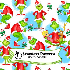The Grinch Seamless Pattern, Christmas, Seamless Pattern, Watercolor Image, Cute Cartoon, High Resolution, Digital Download, Digital Paper