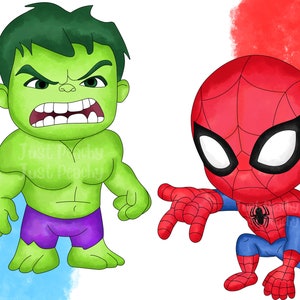May include: A cartoon illustration of the Hulk and Spiderman. The Hulk is green and has a purple loincloth. Spiderman is red and blue and is in a crouching position.