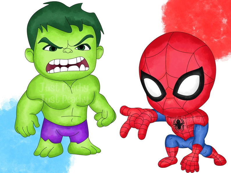 May include: A cartoon illustration of the Hulk and Spiderman. The Hulk is green and has a purple loincloth. Spiderman is red and blue and is in a crouching position.