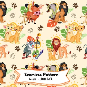 Patrón sin costuras del Rey León, descarga digital, caricatura linda, alta resolución, acuarela, Simba, Nala, Timón, Pumba, diseño de animales de safari
