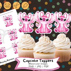 K&ouml;nnte beinhalten: Cupcake-Aufs&auml;tze mit rosa Aquarellbildern einer Zeichentrickfigur, pr&auml;sentiert auf Cupcakes mit wei&szlig;em Zuckerguss. Ein Bogen mit passenden Ausschnittbildern ist sichtbar. Der Text "Cupcake Toppers" und "Watercolor Images" ist ebenfalls vorhanden.
