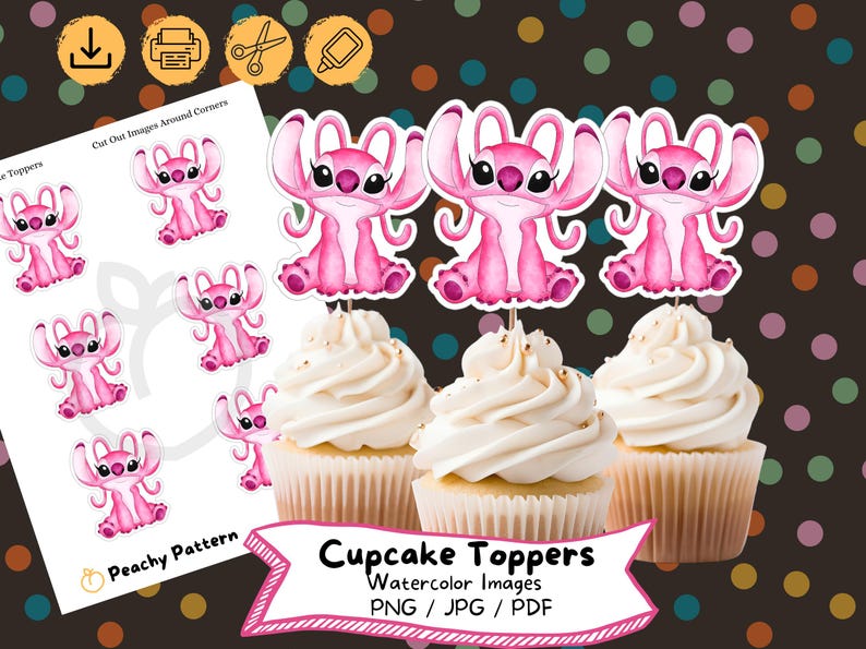 K&ouml;nnte beinhalten: Cupcake-Aufs&auml;tze mit rosa Aquarellbildern einer Zeichentrickfigur, pr&auml;sentiert auf Cupcakes mit wei&szlig;em Zuckerguss. Ein Bogen mit passenden Ausschnittbildern ist sichtbar. Der Text "Cupcake Toppers" und "Watercolor Images" ist ebenfalls vorhanden.