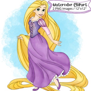 Princess Rapunzel Watercolor Clipart, Tangled, Hand Drawn, Cute Cartoon, Illustration, PNG, Transparent, 300 DPI, High Resolution