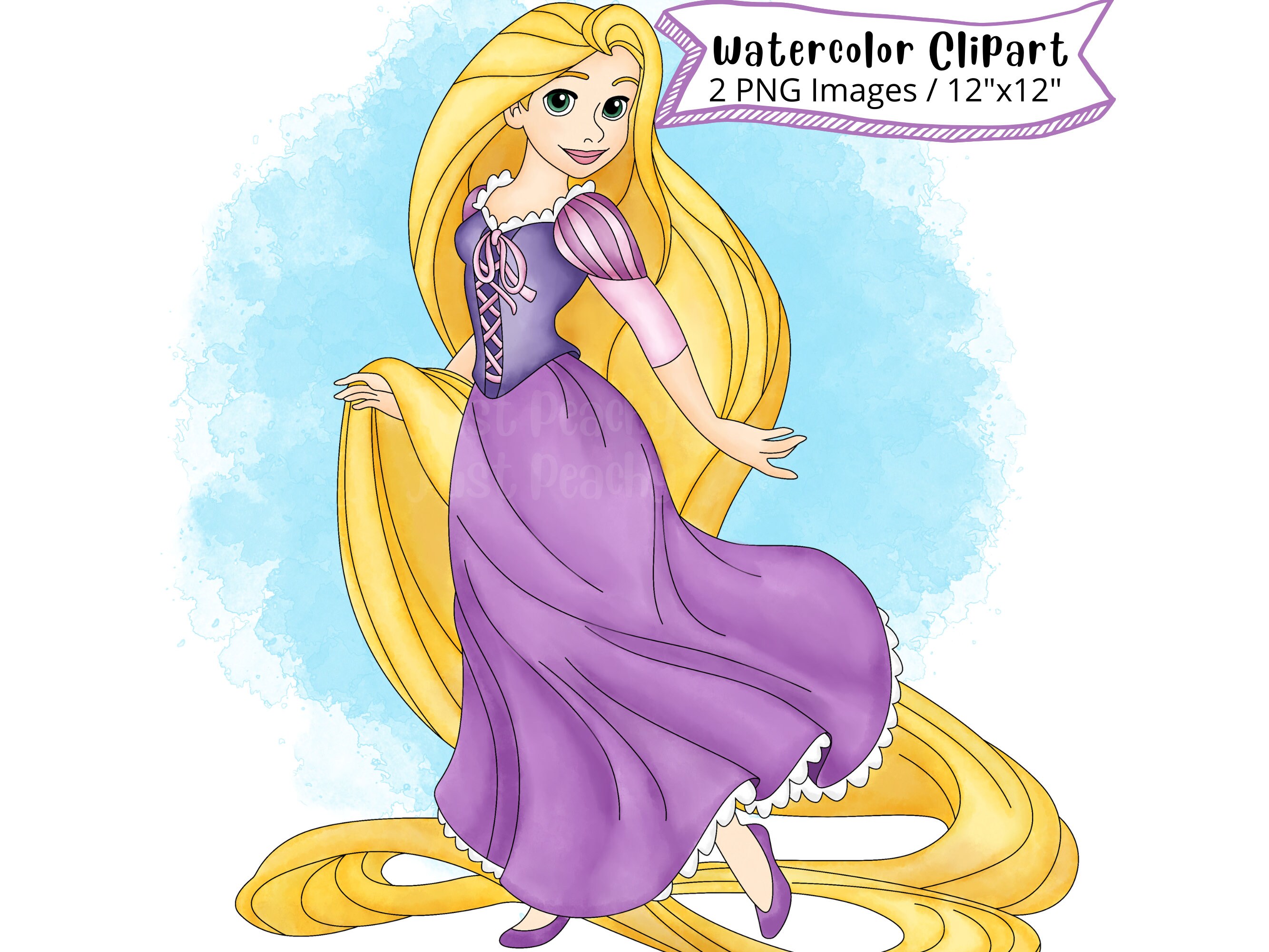Princess Rapunzel Watercolor Clipart, Tangled, Hand Drawn, Cute Cartoon, Illustration, PNG, Transparent, 300 DPI, High Resolution