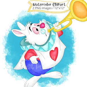 Clipart de aquarela de coelho de Alice no país das maravilhas, conjunto completo, PNG, desenho animado fofo, download digital, alta resolução, desenhado à mão
