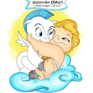 Baby Hercules acquerello clipart, illustrazione simpatico cartone animato, PNG, sfondo trasparente, compleanno di Hercules, Hercules Baby Shower, Pegasus