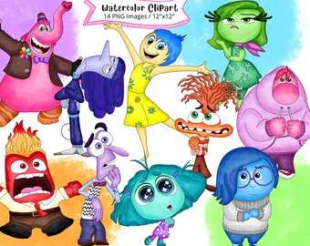 Inside Out Watercolor Clipart Set, Cute Cartoon, PNG, High Resolution, Transparent Background, Hand Drawn, Joy, Sadness, Anger, Anxiety