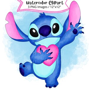 Point avec des cliparts aquarelle coeur, dessin animé mignon, PNG, fond Transparent, haute résolution, Lilo et Stitch, dessinés à la main, Saint Valentin