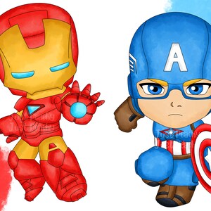May include: A cartoon illustration of Iron Man and Captain America. Iron Man is wearing a red and gold suit with a blue repulsor ray in his hand. Captain America is wearing a blue, red, and white suit with a red, white, and blue shield.