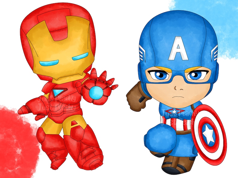 May include: A cartoon illustration of Iron Man and Captain America. Iron Man is wearing a red and gold suit with a blue repulsor ray in his hand. Captain America is wearing a blue, red, and white suit with a red, white, and blue shield.
