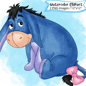 Eeyore de Winnie The Pooh dibujado a mano acuarela clipart, dibujos animados lindo, PNG, fondo transparente, alta resolución, guardería, cumpleaños