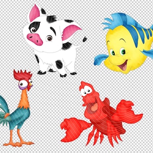 May include: Watercolor illustrations of four cartoon characters: a white pig with black spots, a yellow fish with blue fins, a red rooster with blue tail feathers, and a red crab with large claws. The characters are smiling.